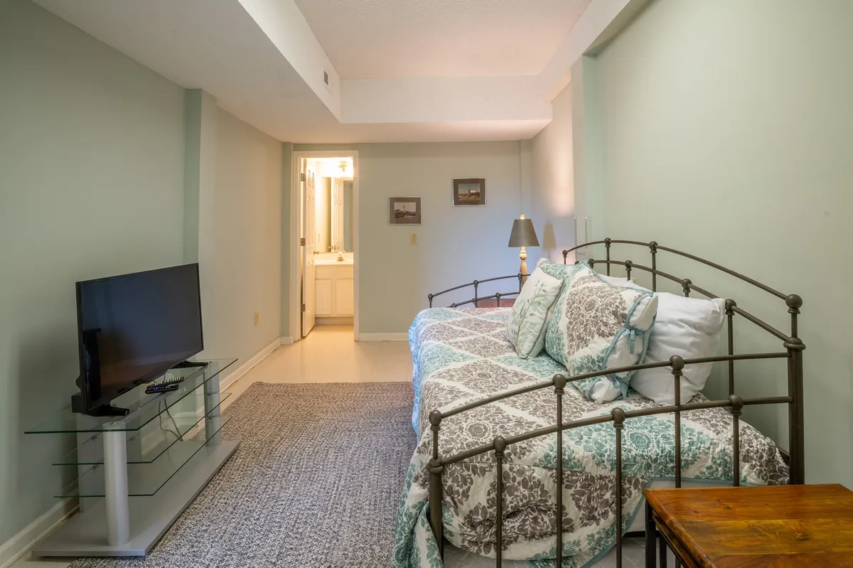 A welcoming studio-style suite with a daybed featuring decorative bedding, a television on a glass stand, a table lamp, and a soft rug. The layout suggests a private, self-contained living space ideal for independent stays.